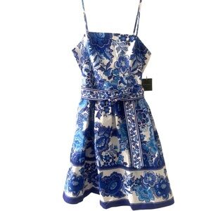 Cynthia Rowley Blue White Cotton Sun Dress W Pockets Floral Women’s Size 10
